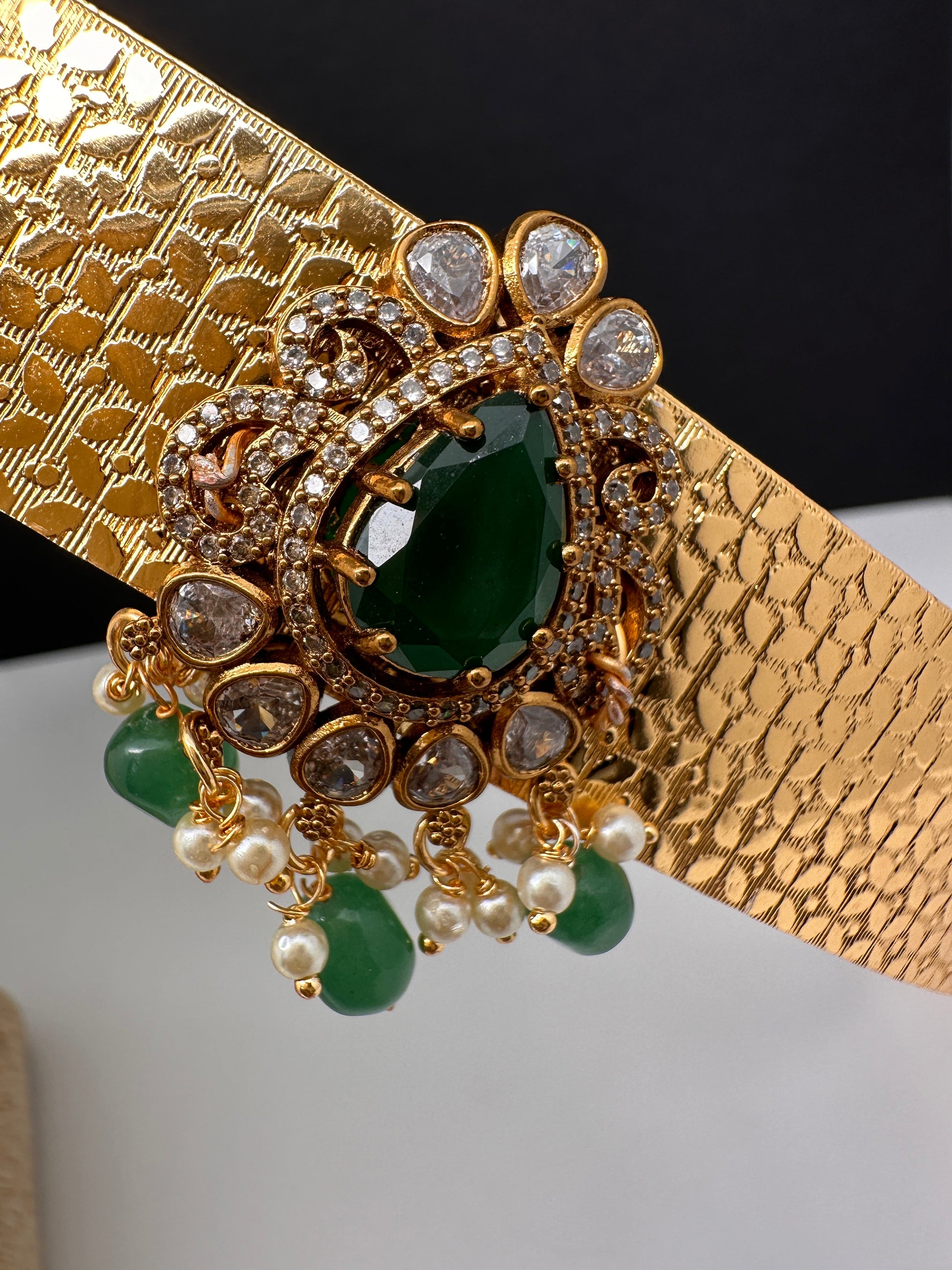 Goddess Lakshmi AD Color Stone Motif Hip Belt Vaddanam - Green