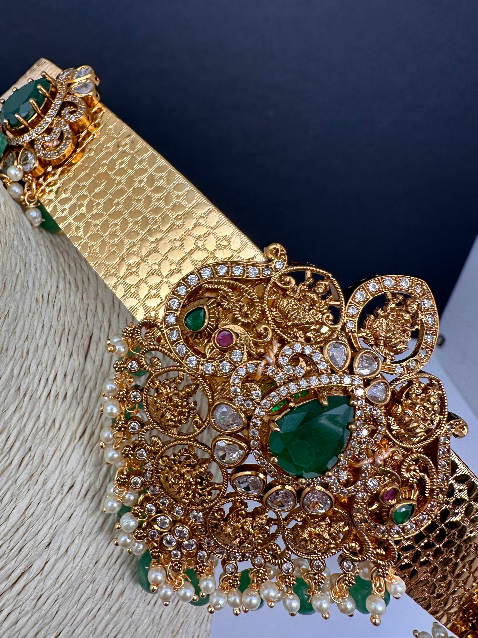 Goddess Lakshmi AD Color Stone Motif Hip Belt Vaddanam - Green