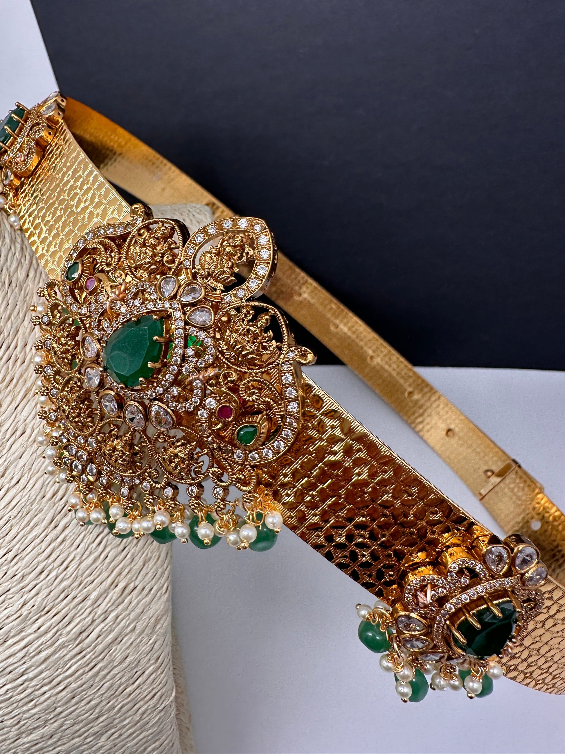 Goddess Lakshmi AD Color Stone Motif Hip Belt Vaddanam - Green