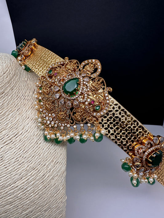 Goddess Lakshmi AD Color Stone Motif Hip Belt Vaddanam - Green