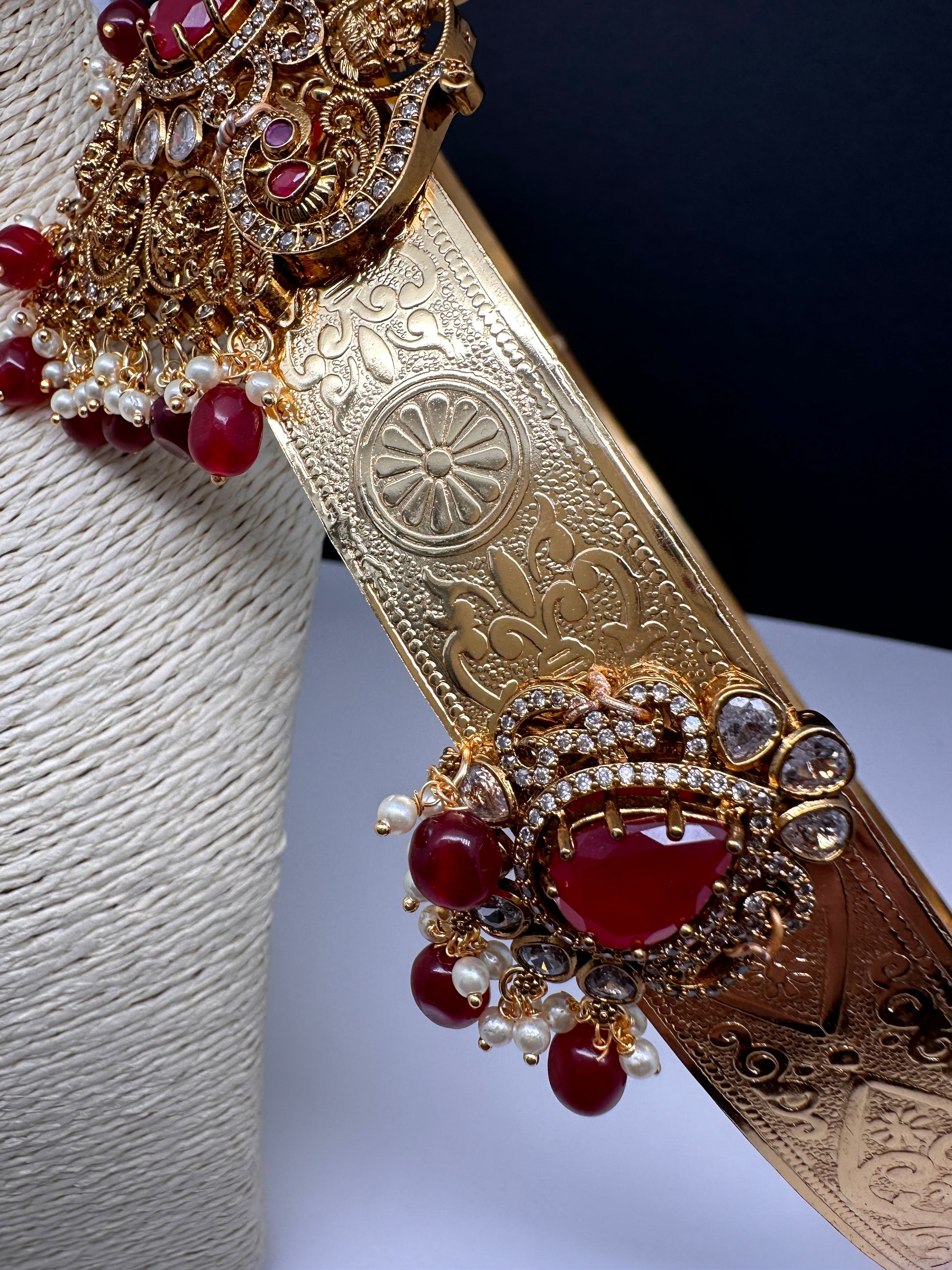 Goddess Lakshmi AD Color Stone Motif Hip Belt Vaddanam - Red