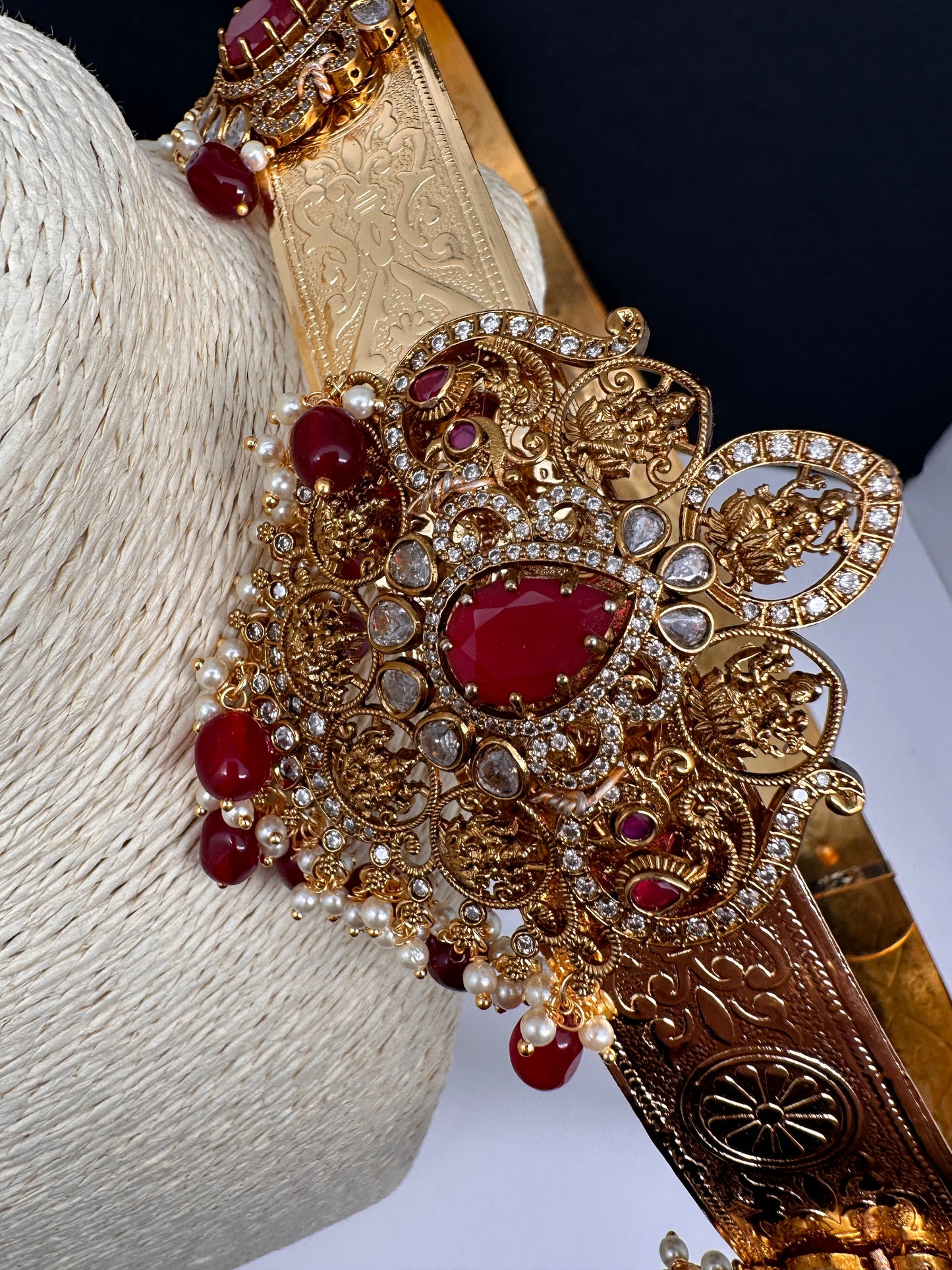 Goddess Lakshmi AD Color Stone Motif Hip Belt Vaddanam - Red