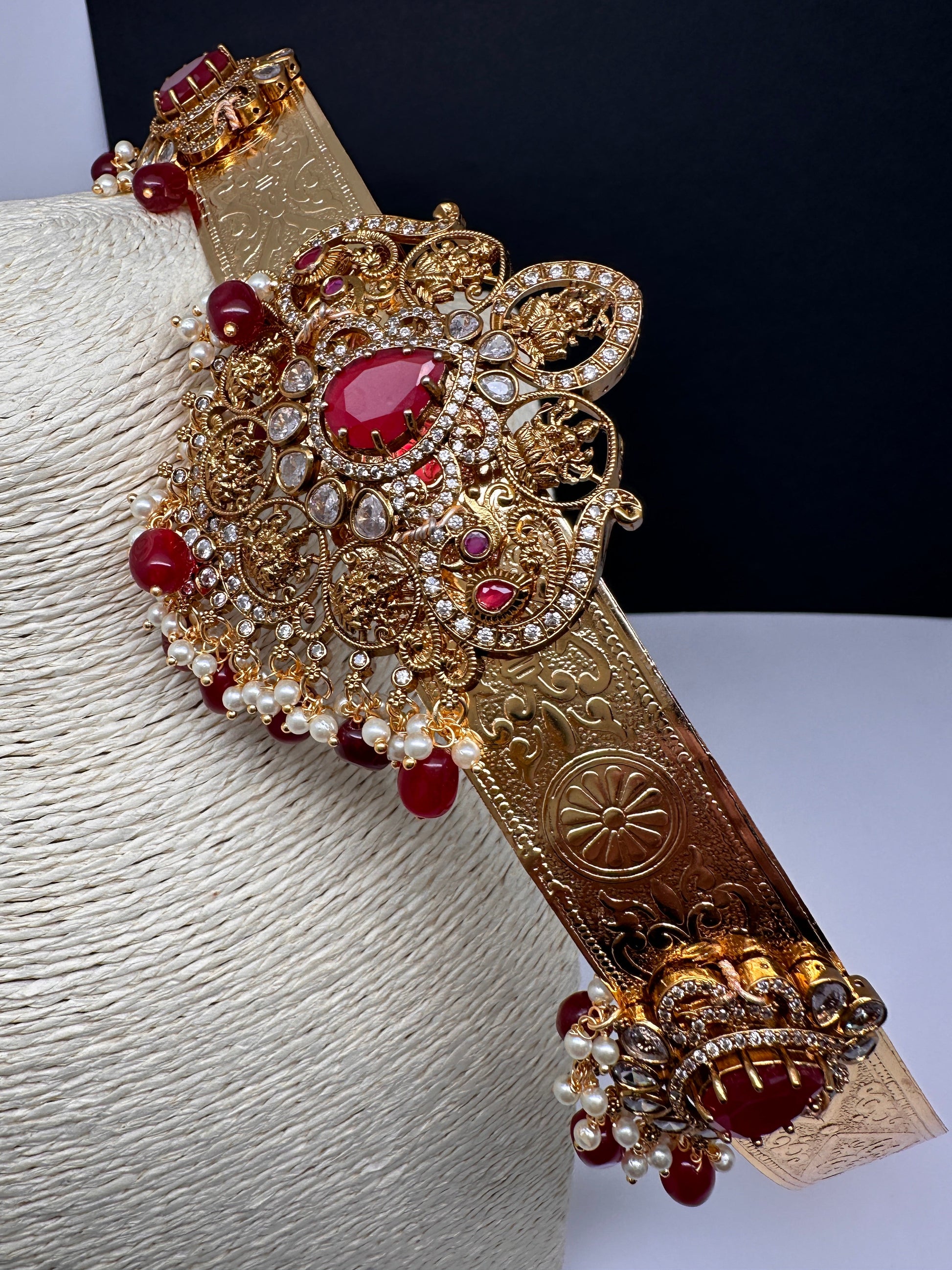 Goddess Lakshmi AD Color Stone Motif Hip Belt Vaddanam - Red