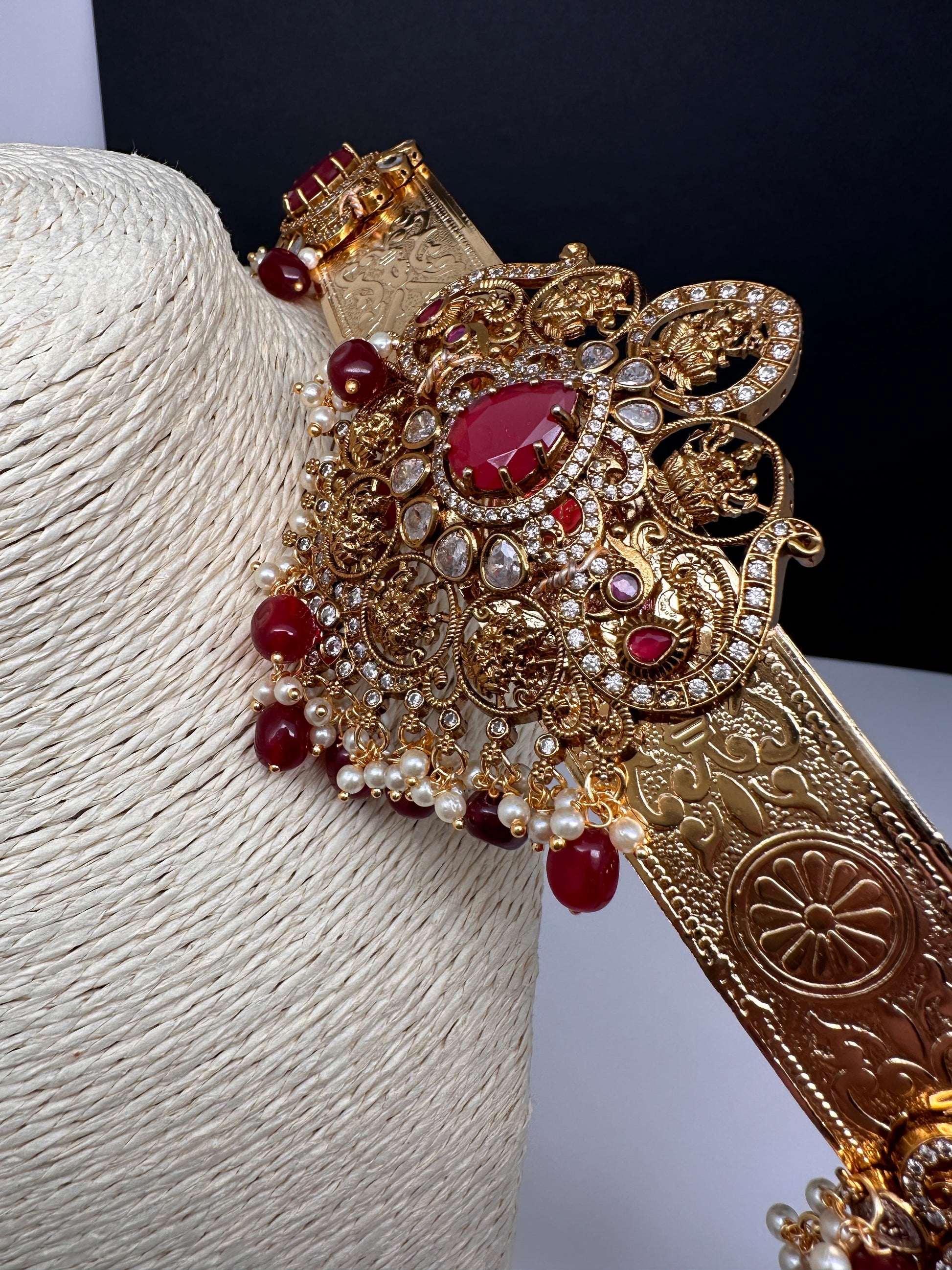 Goddess Lakshmi AD Color Stone Motif Hip Belt Vaddanam - Red