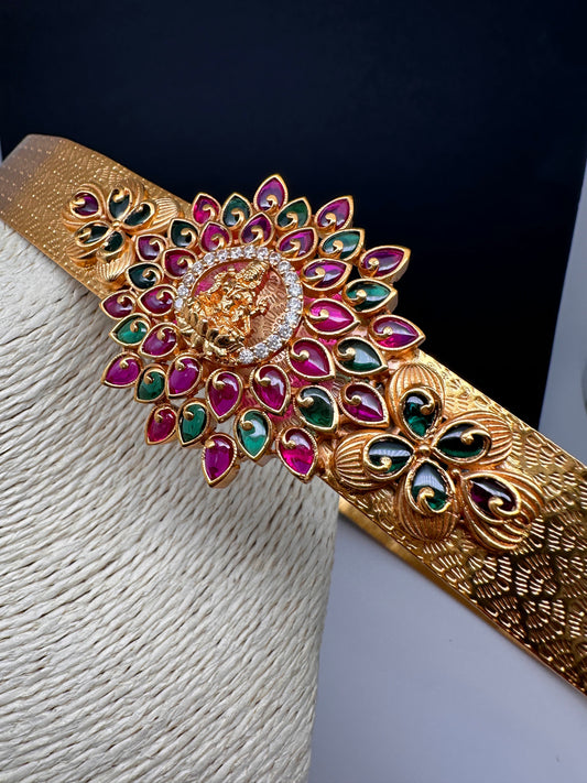 Goddess Lakshmi Multi Kemp Stone Motif Hip Belt Vaddanam