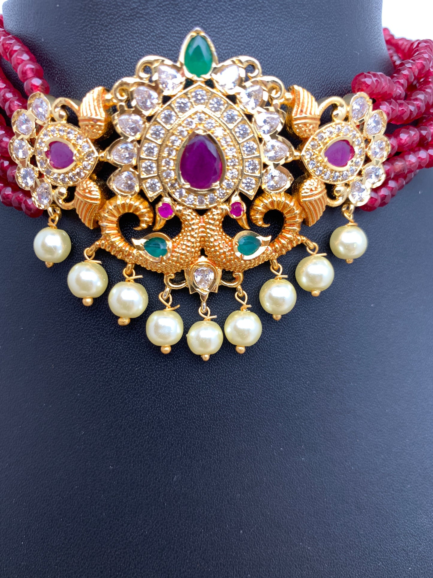 Red Beads Peacock Design Red Green Stone American Diamond Finish Choker