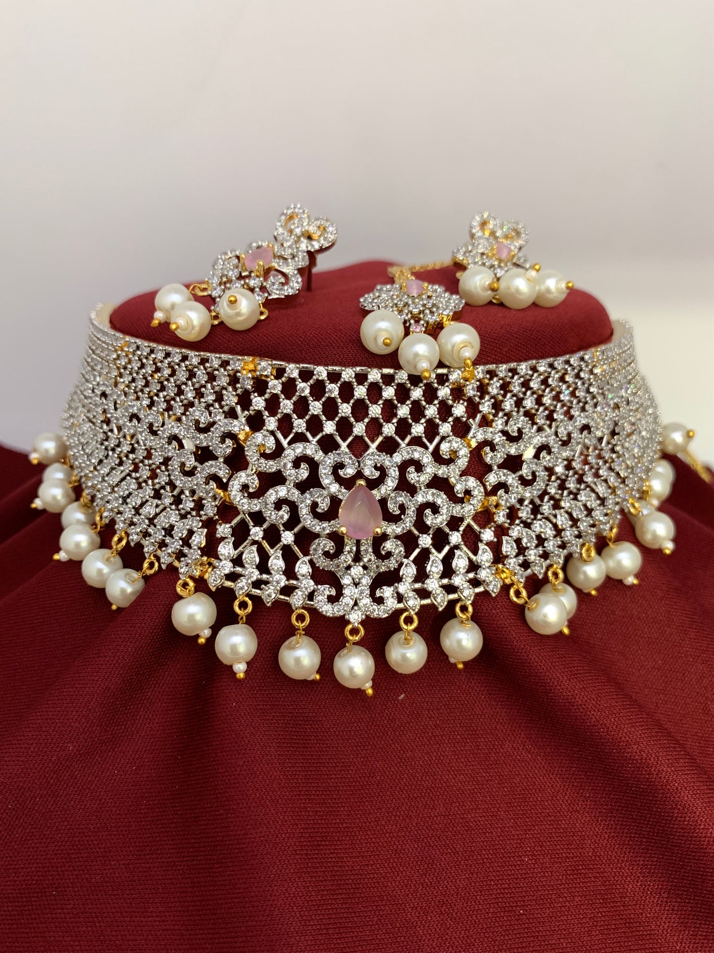 Pink Stone AD Finish Stiff Choker with Matching Maangteeka and Earrings