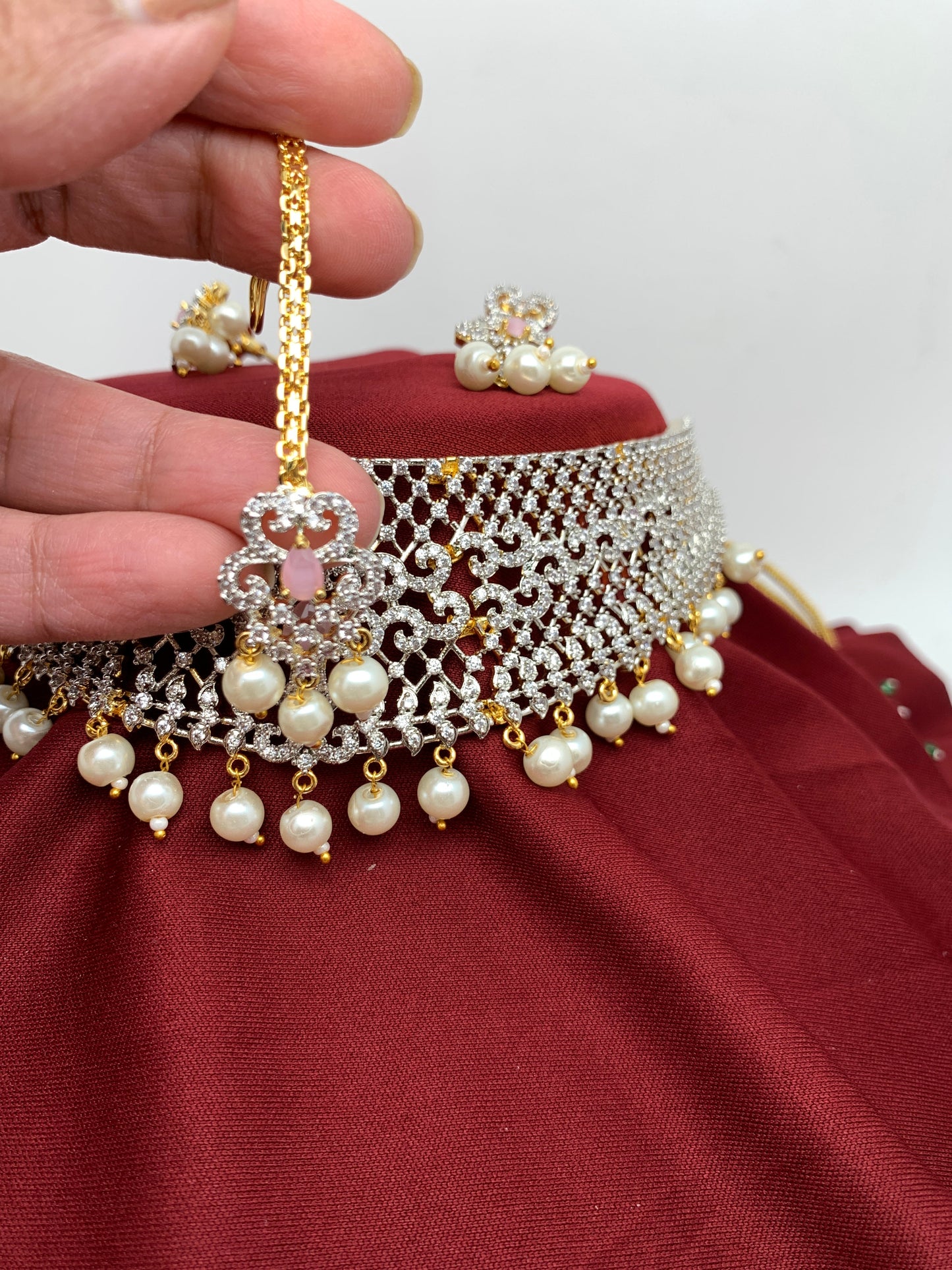 Pink Stone AD Finish Stiff Choker with Matching Maangteeka and Earrings