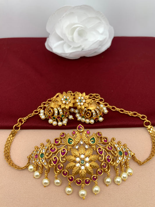 Floral Multi Color Choker with matching Jhumkis
