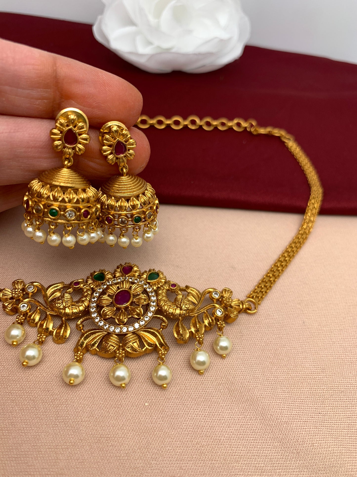 Peacock Multi Stone Choker with matching jhumkis