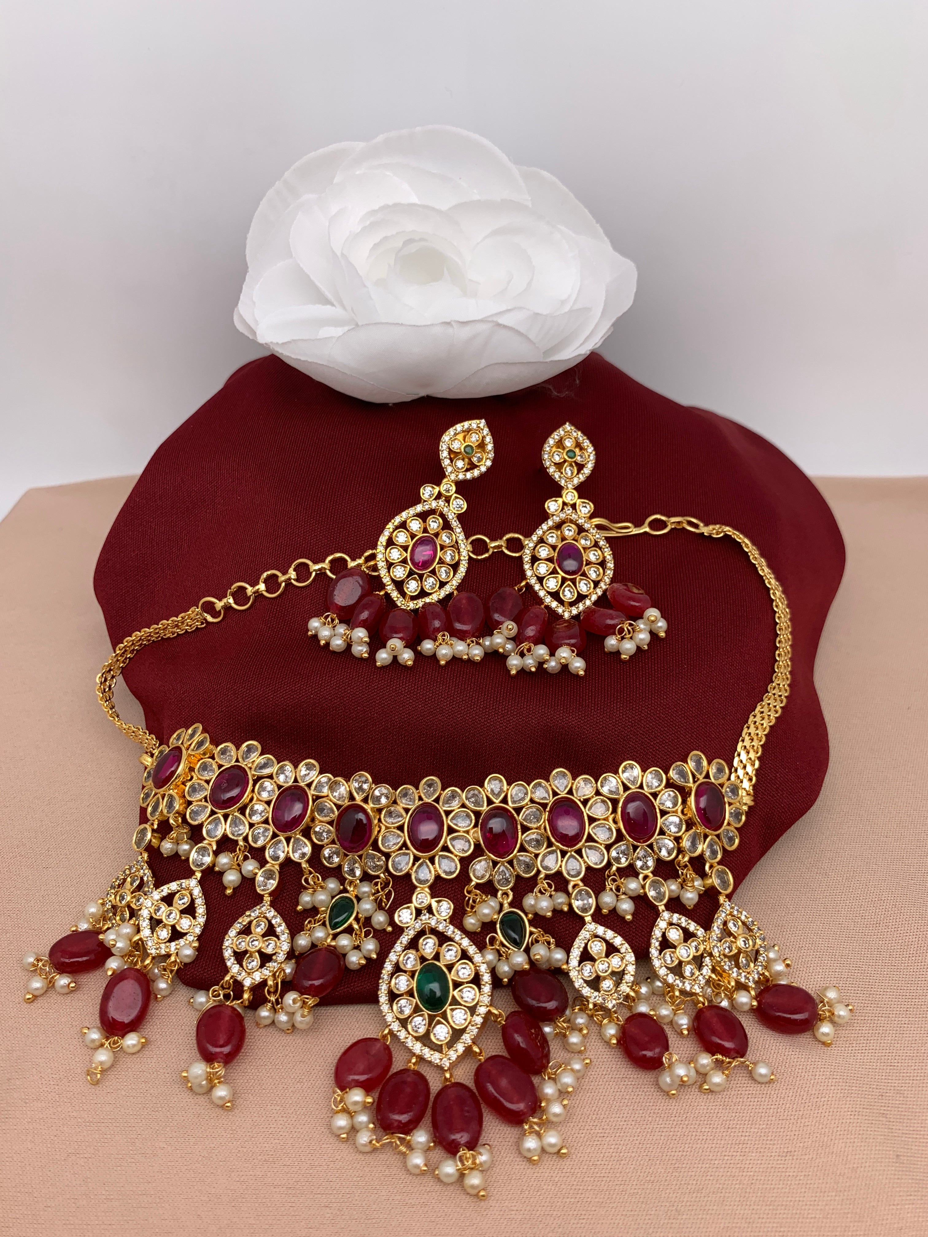 Red Prisha Crystal Moti Choker Necklace Set – Roop Shangaar