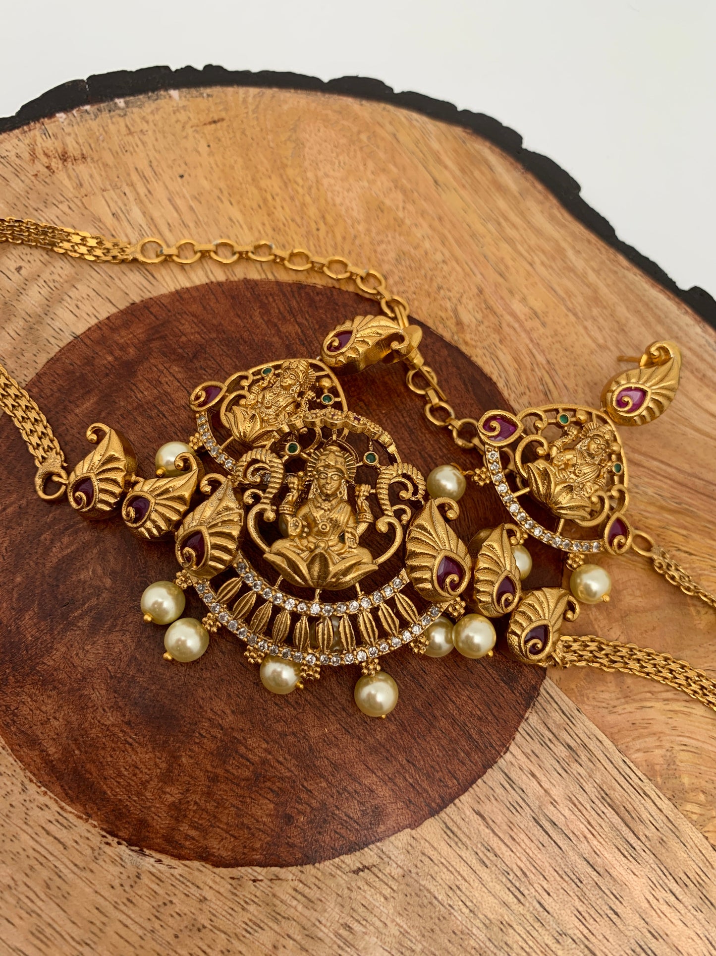Goddess Lakshmi Peacock Red Stone Mini Choker