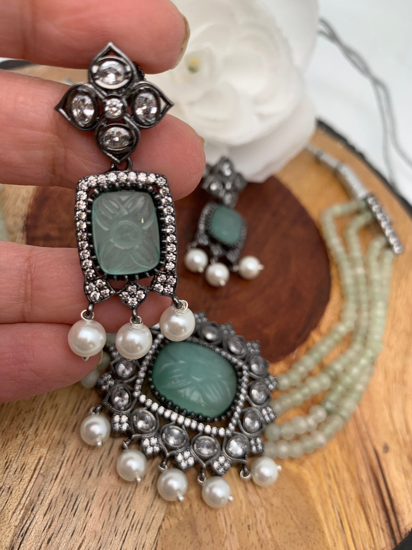 Mint Green Stone AD Victorian Polish Pendent Light Mint Green Onyx Beads Choker