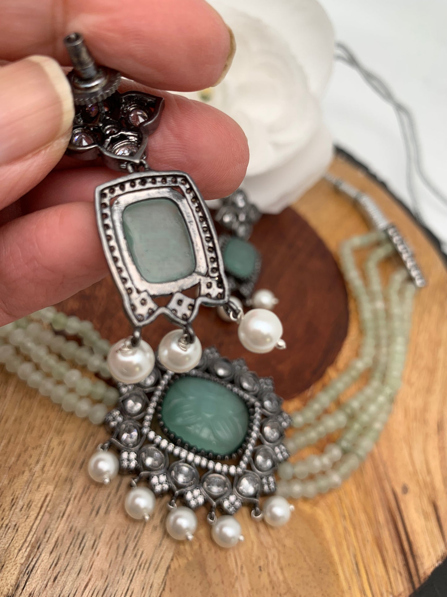 Mint Green Stone AD Victorian Polish Pendent Light Mint Green Onyx Beads Choker
