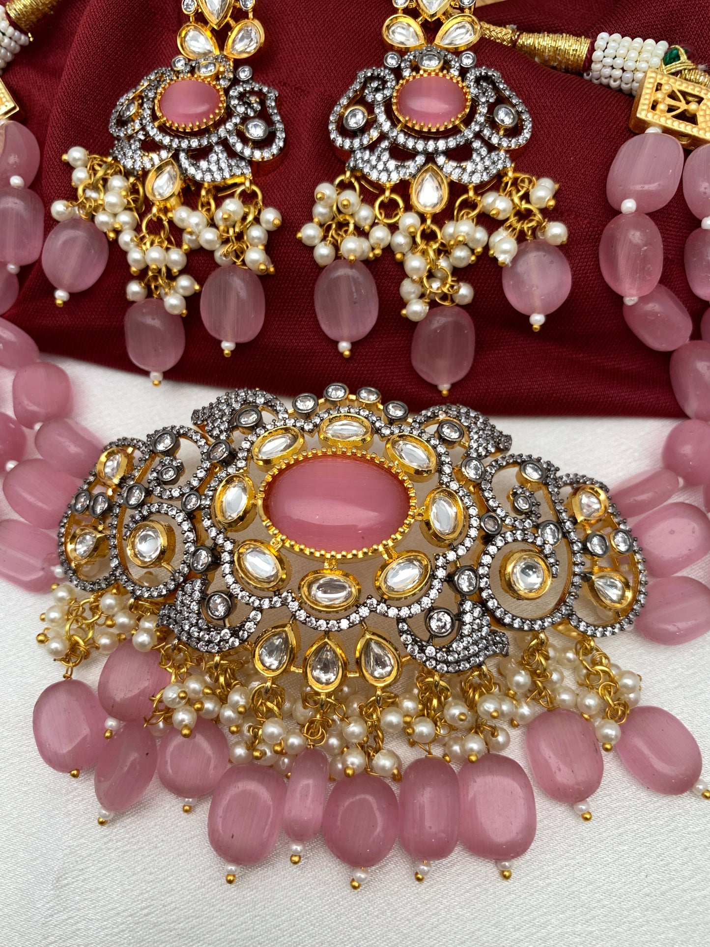 Kundan Pink Stone CZ Dual Tone Pendent Pink Beads Choker