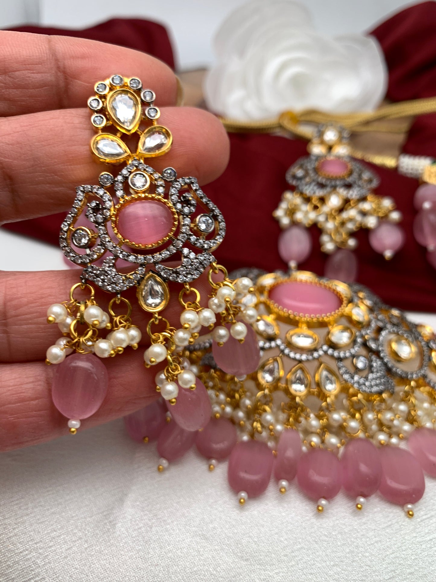 Kundan Pink Stone CZ Dual Tone Pendent Pink Beads Choker