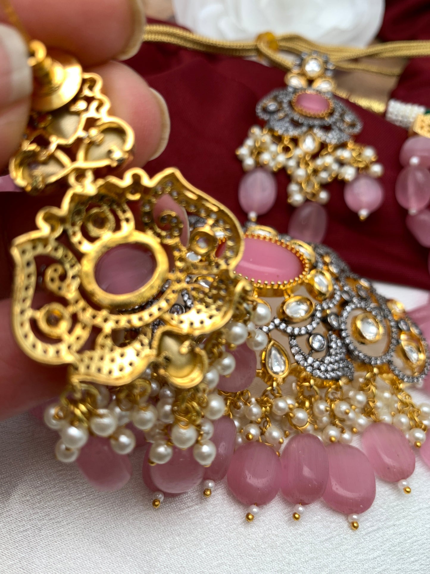 Kundan Pink Stone CZ Dual Tone Pendent Pink Beads Choker