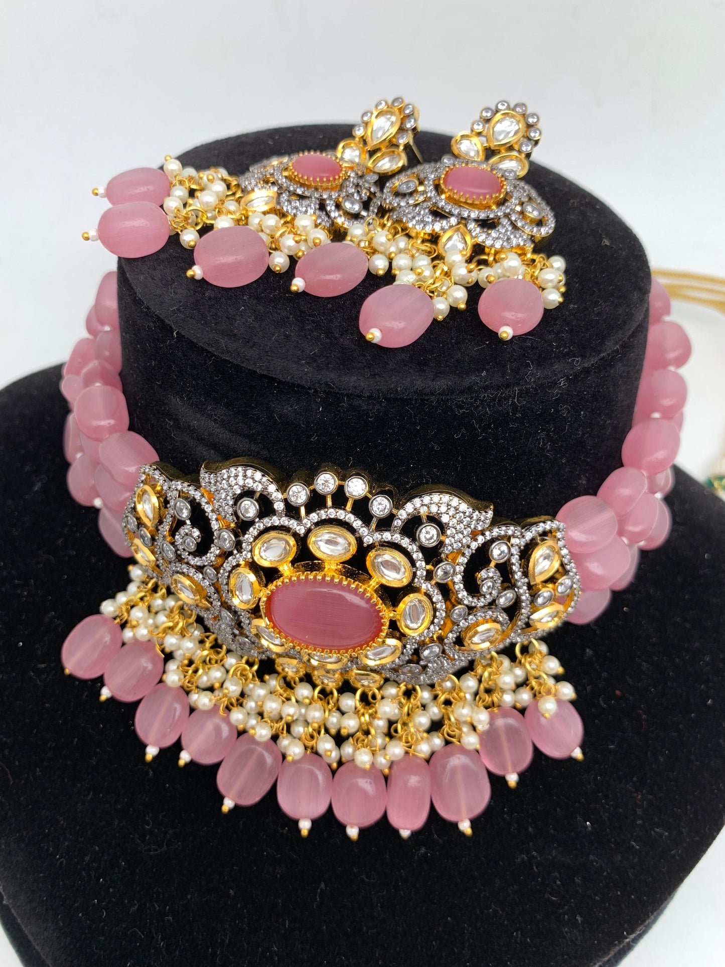 Kundan Pink Stone CZ Dual Tone Pendent Pink Beads Choker