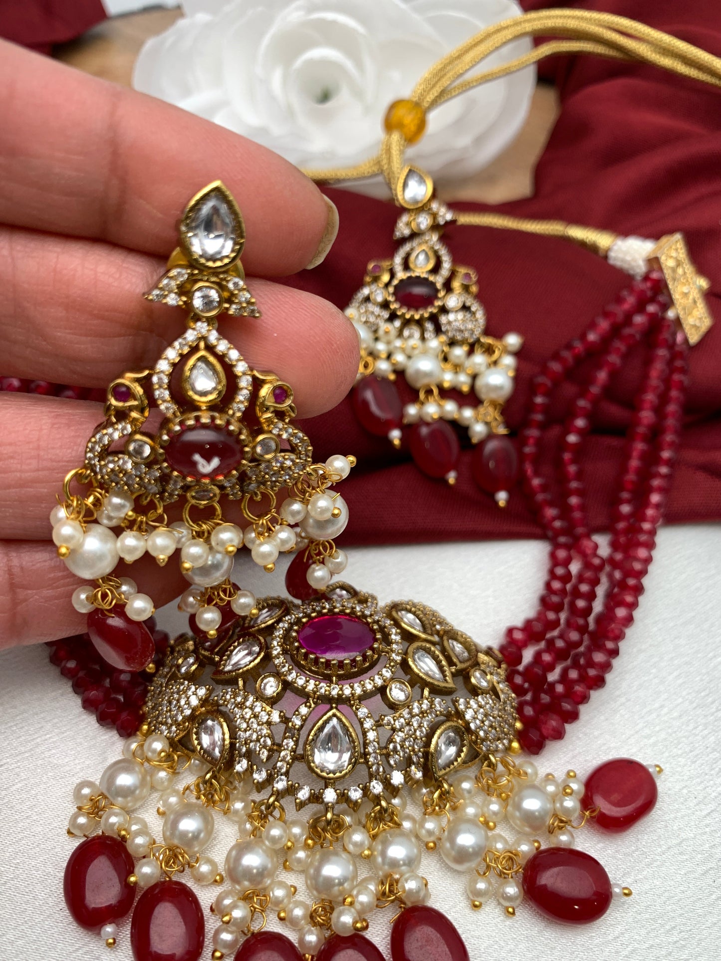 Kundan Red Stone CZ Pendent Red Beads Choker