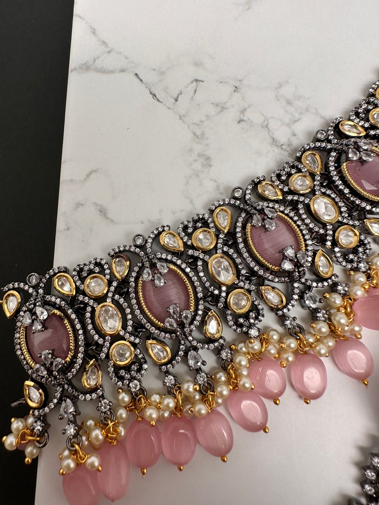 Moissanite Kundan Victorian Finish Color Stone Color beads Choker - Pink
