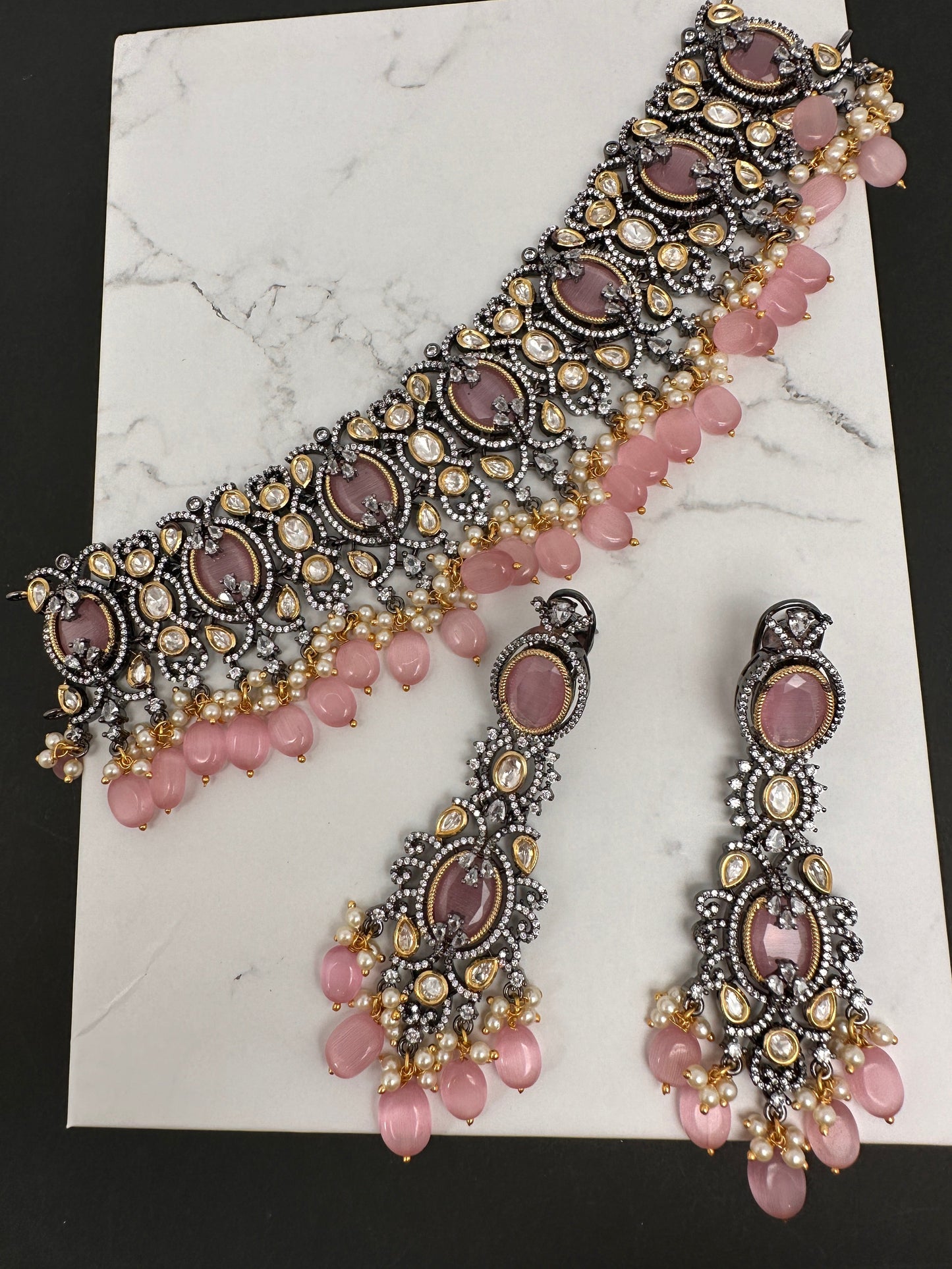Moissanite Kundan Victorian Finish Color Stone Color beads Choker - Pink