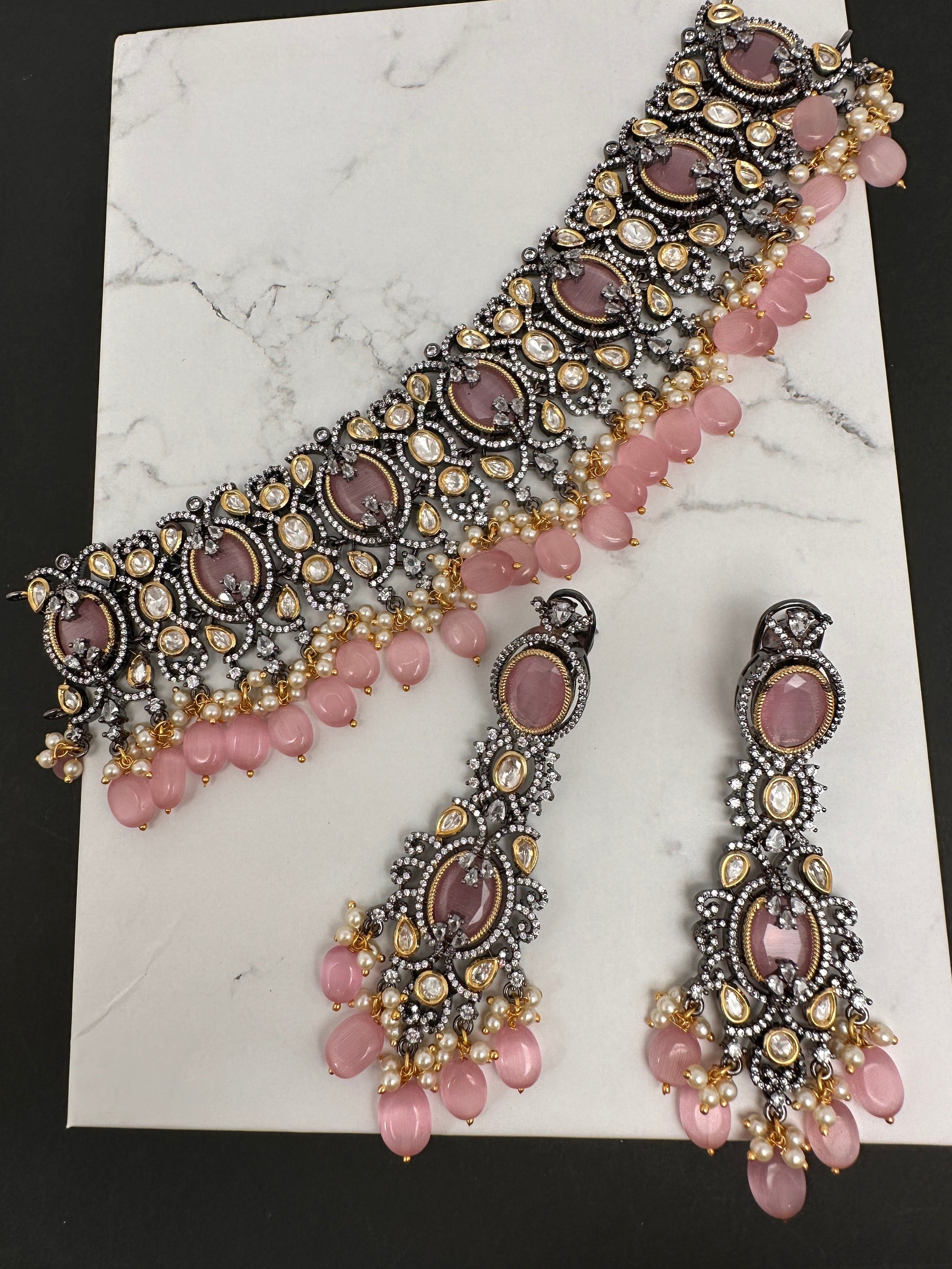 Moissanite Kundan Victorian Finish Color Stone Color beads Choker - Pink
