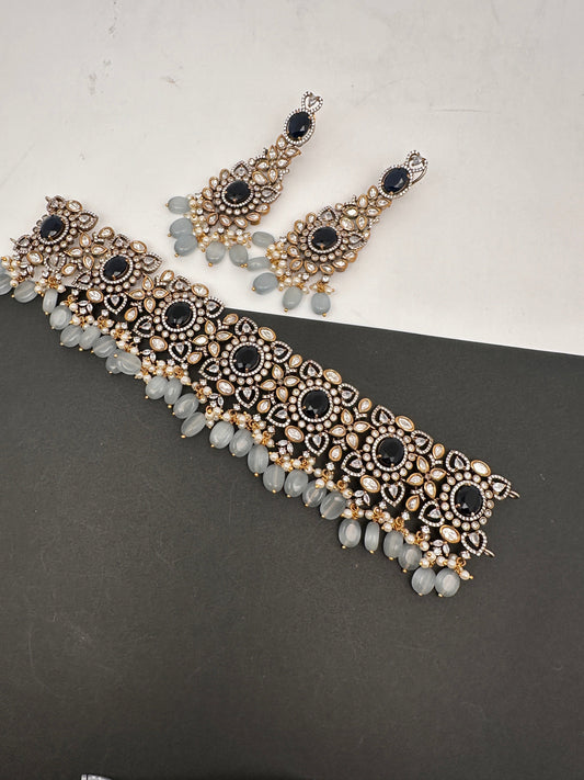 Moissanite Kundan Victorian Finish Color Stone Color beads Choker - Blue