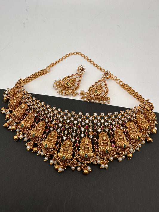 Goddess Lakshmi Premium Matte Finish CZ Red Stone Nakshi Choker