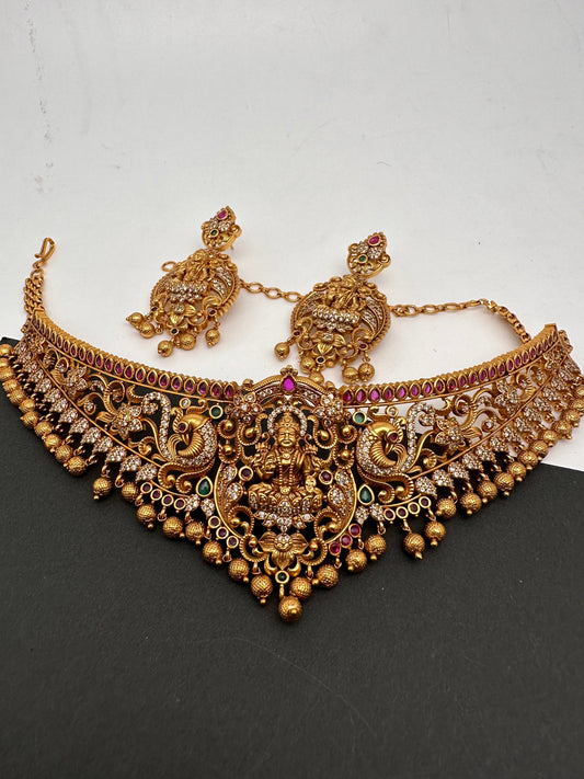 Goddess Lakshmi Premium Matte Finish CZ Red Stone Nakshi Choker