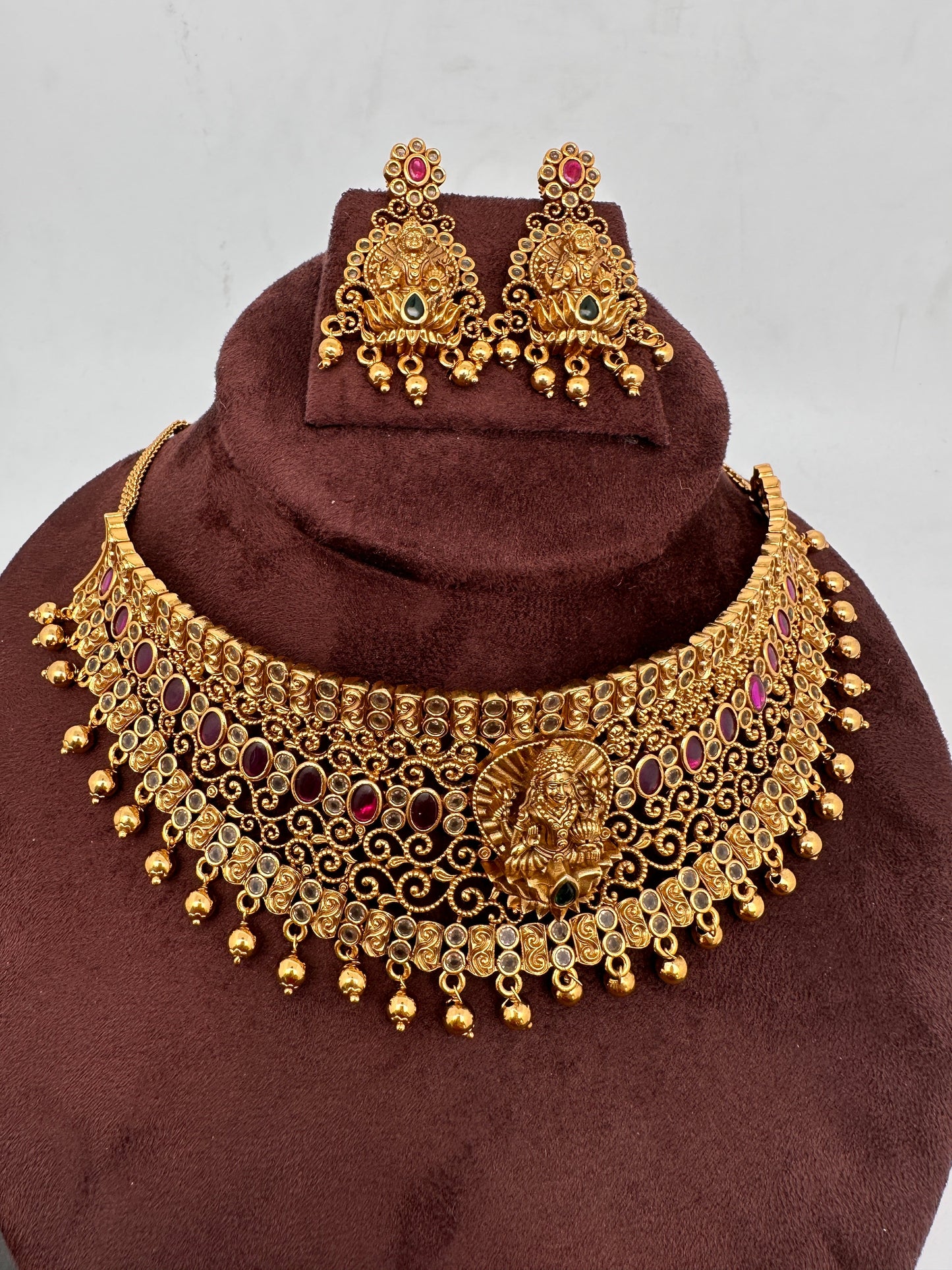 Goddess Lakshmi Premium Matte Finish CZ Red Kemp Stone Nakshi Choker