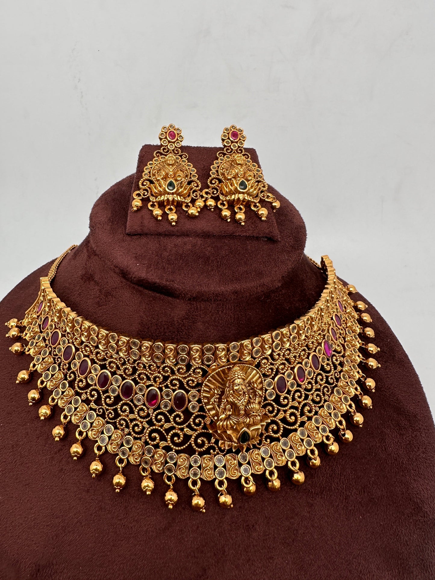 Goddess Lakshmi Premium Matte Finish CZ Red Kemp Stone Nakshi Choker