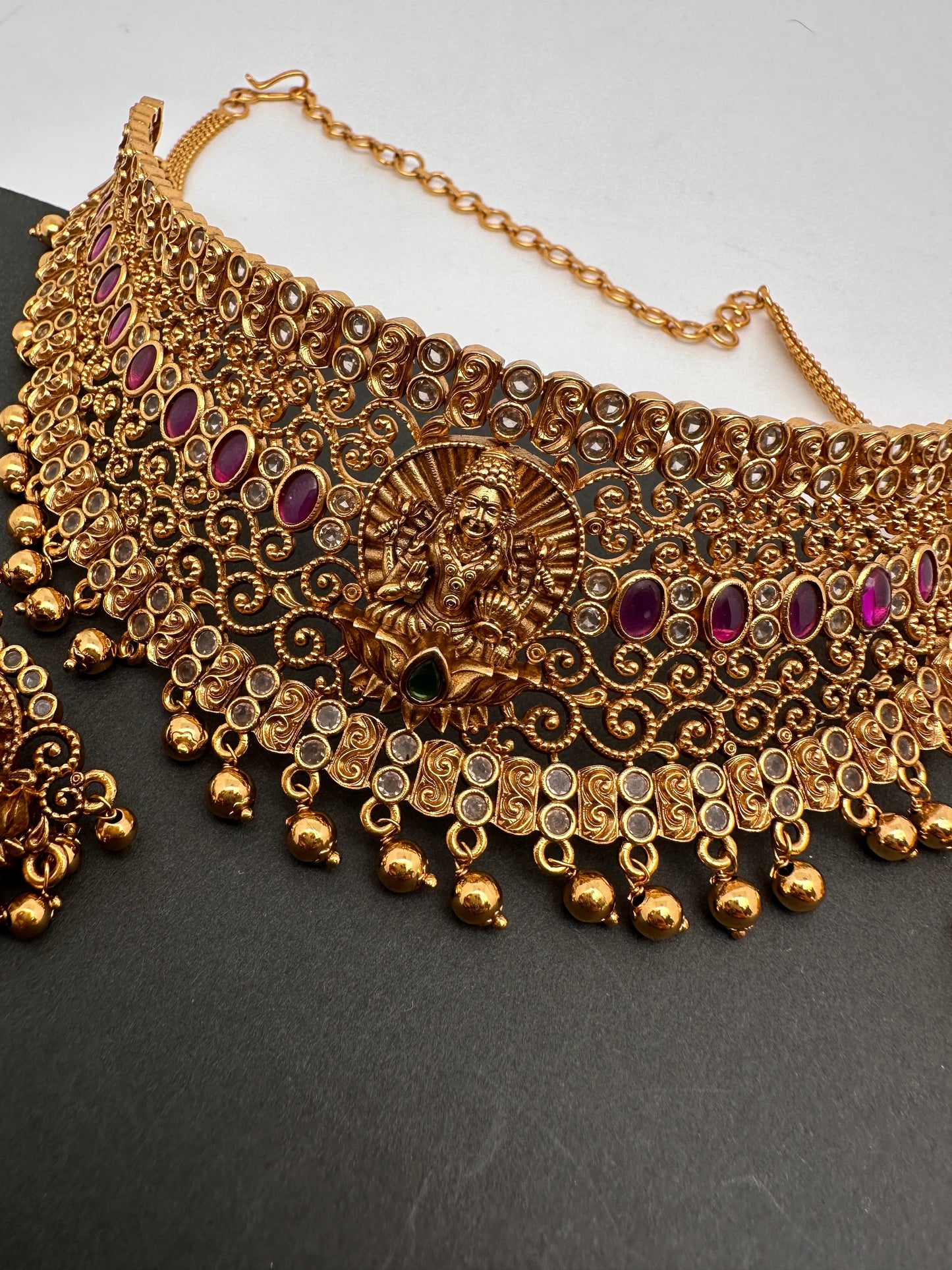 Goddess Lakshmi Premium Matte Finish CZ Red Kemp Stone Nakshi Choker