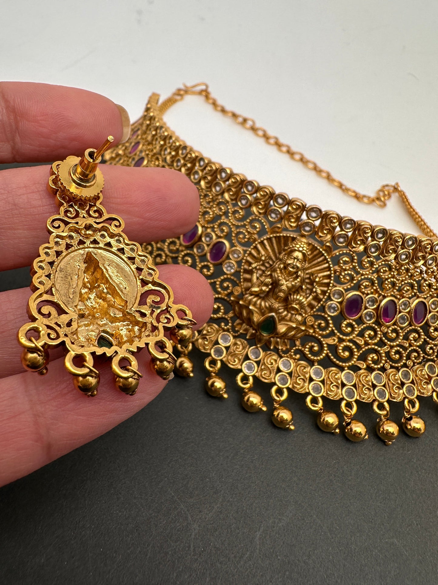 Goddess Lakshmi Premium Matte Finish CZ Red Kemp Stone Nakshi Choker