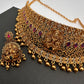 Goddess Lakshmi Premium Matte Finish CZ Red Kemp Stone Nakshi Choker