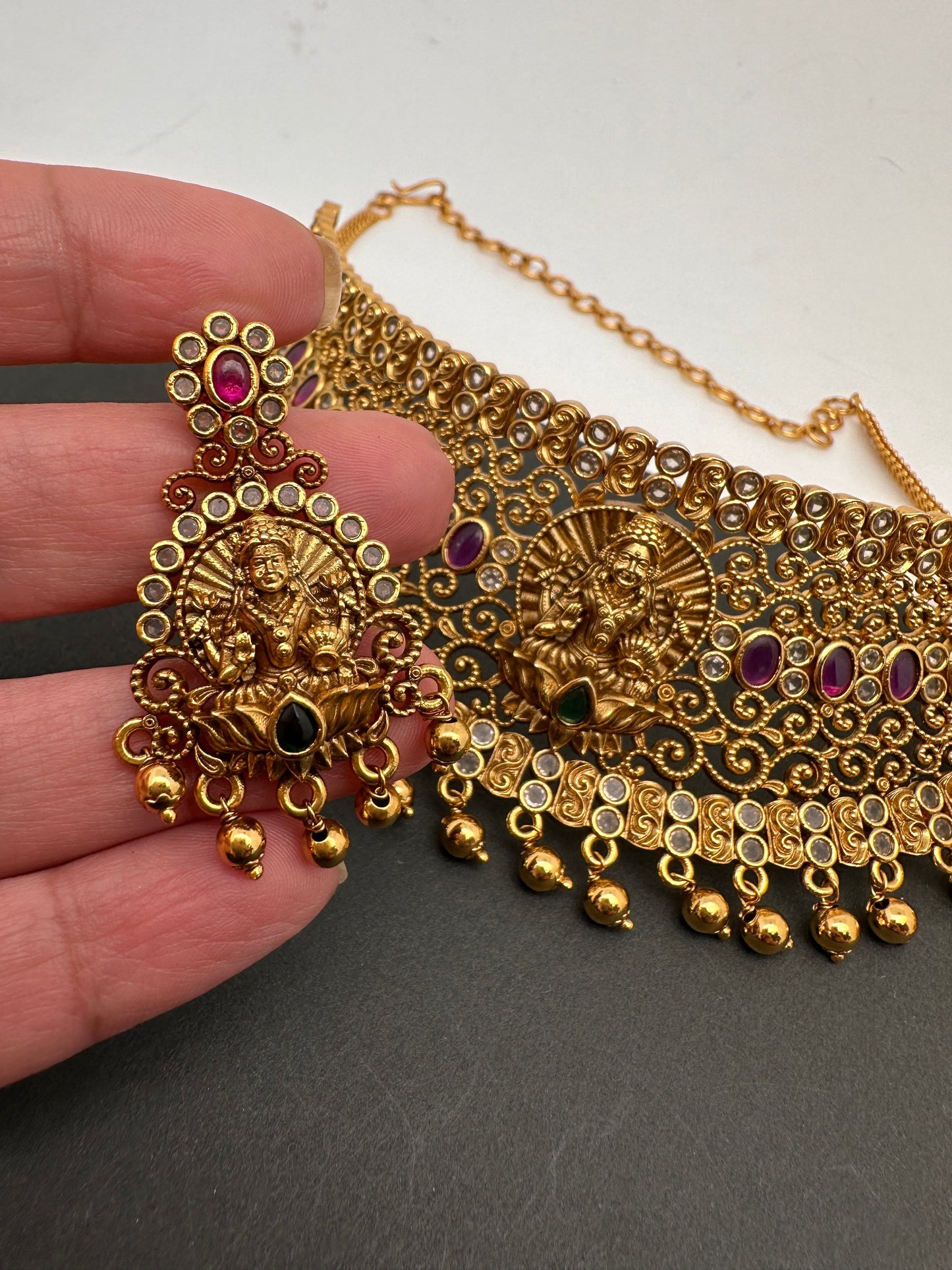 Goddess Lakshmi Premium Matte Finish CZ Red Kemp Stone Nakshi Choker