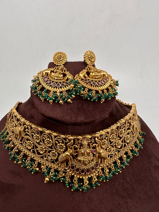 Goddess Lakshmi Premium Matte Finish Red Stone Green Beads Nakshi Choker