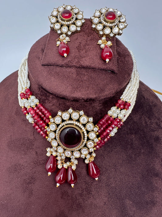 Moissanite Color Stone Mehendi Polish Choker - Red