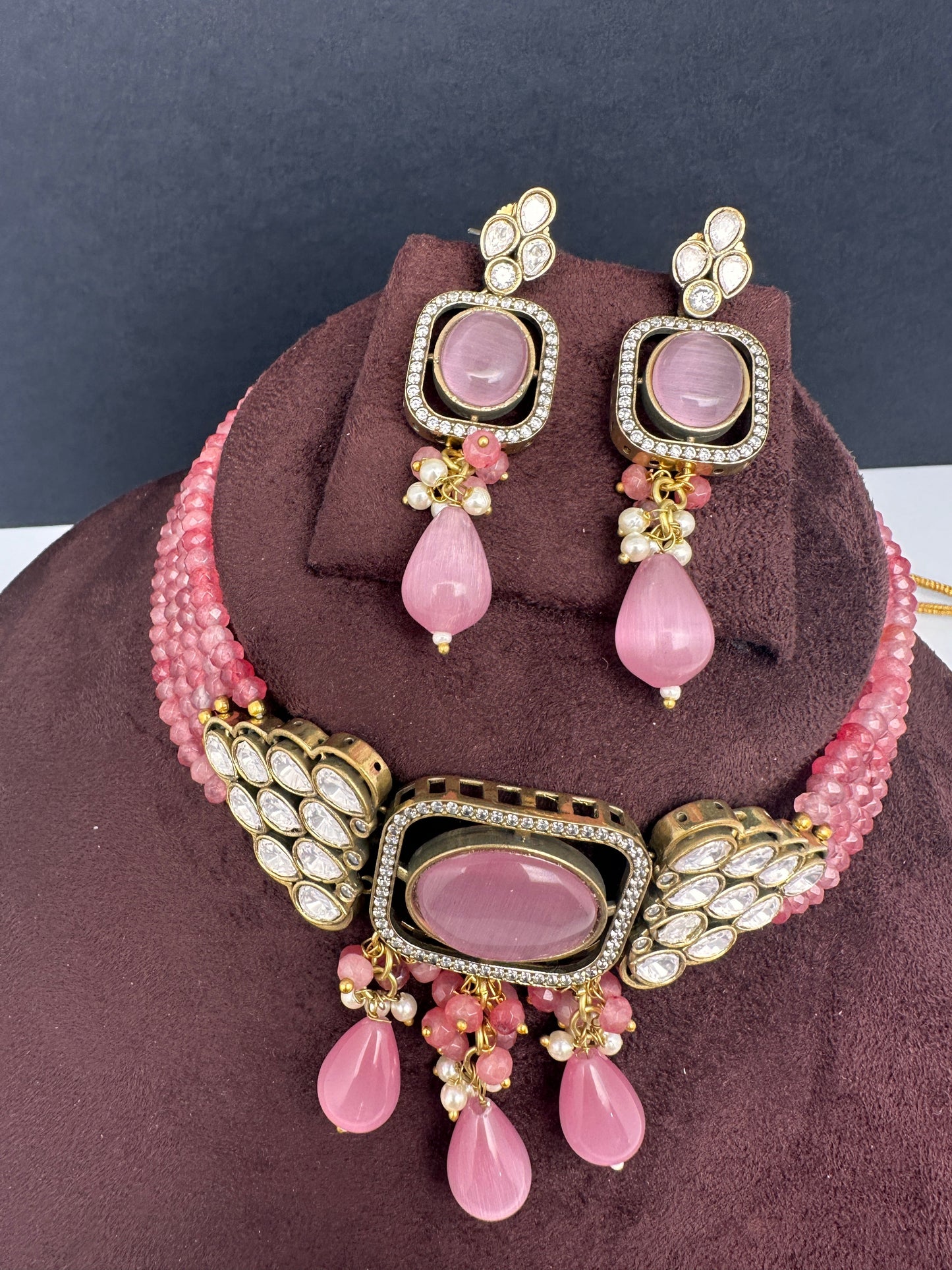 Moissanite Color Stone Mehendi Polish Choker - Pink