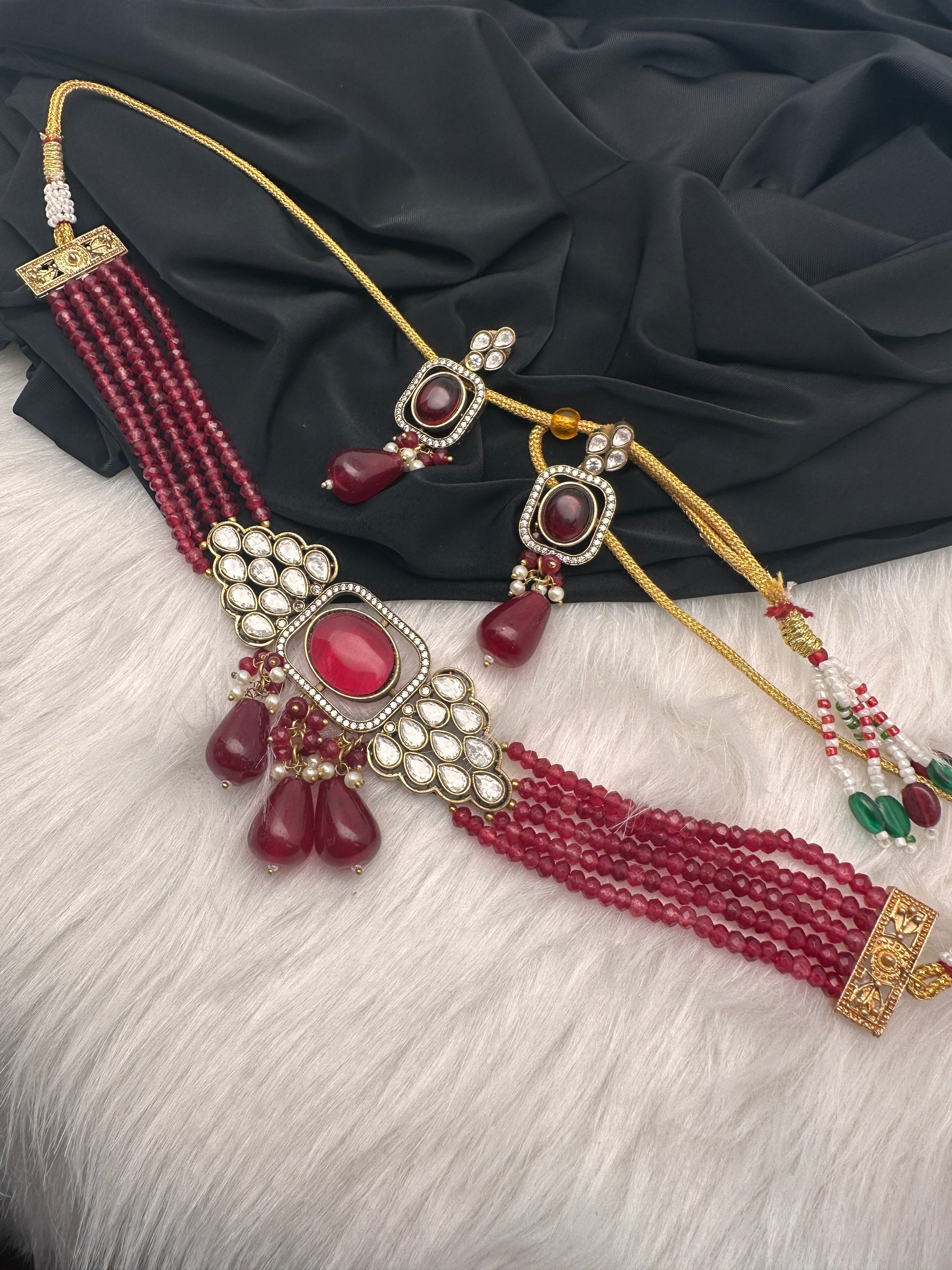 Moissanite Color Stone Mehendi Polish Choker - Red