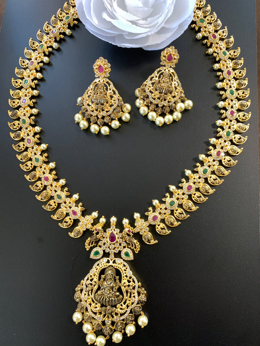 Traditional Goddess Lakshmi Golden and Antique Finish Mango Links Red Green Kemp CZ Stones and Pearls Necklace