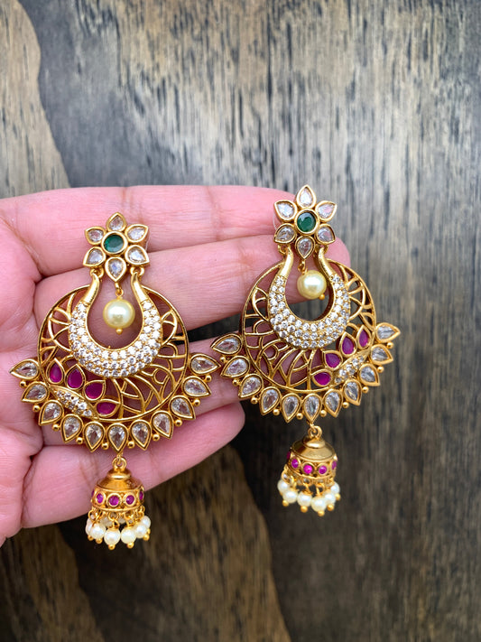 CZ Red Green Kemp and Pearls Chandbali Earrings