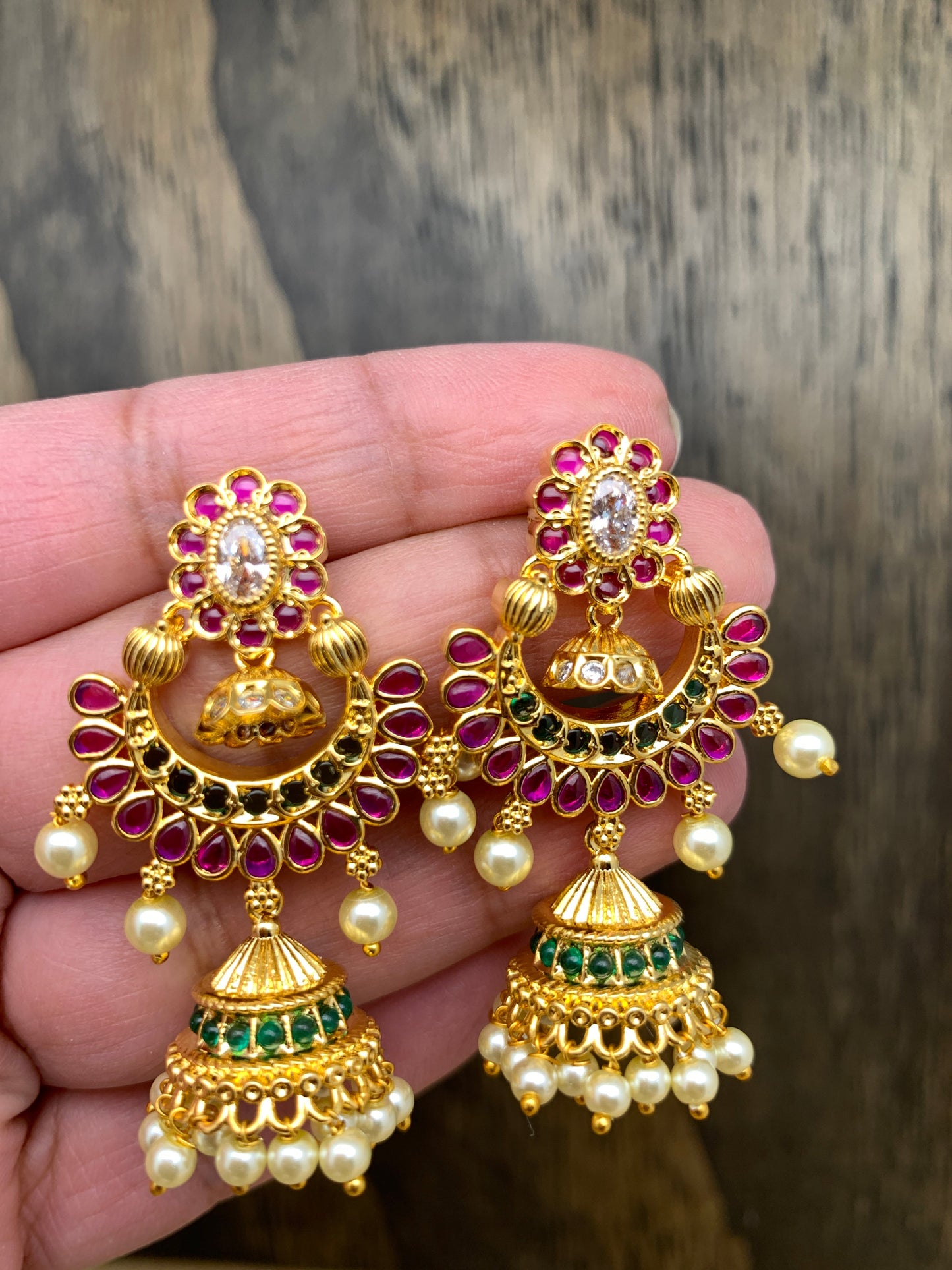 CZ Red Green Kemp and Pearls Chandbali Earrings