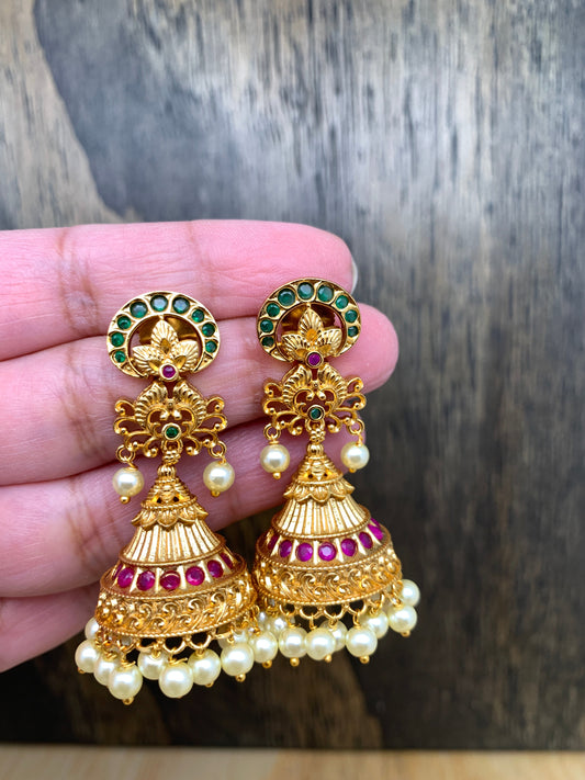 CZ Red Green Kemp and Pearls Three Tier Jhumki
