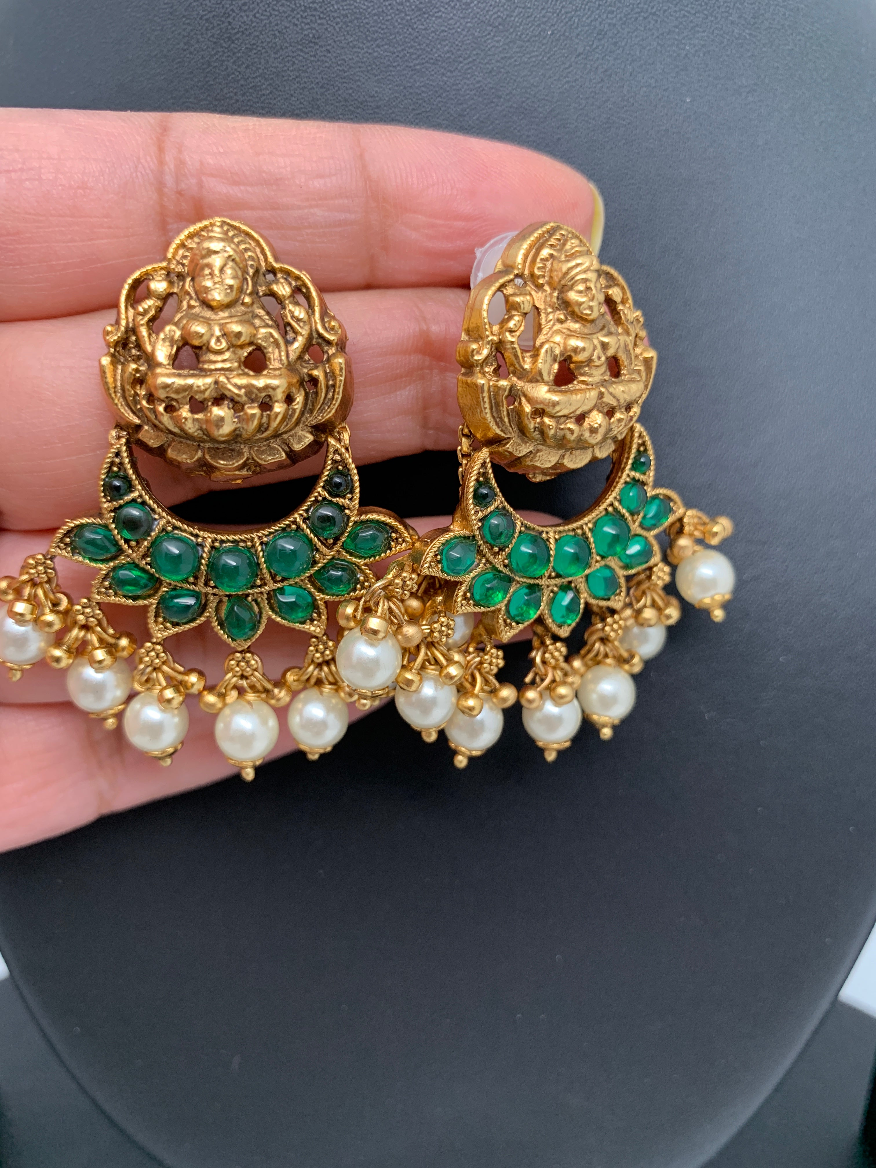 Goddess Lakshmi Green Kemp Pearl Matte Earrings Sheetal s FabFashion