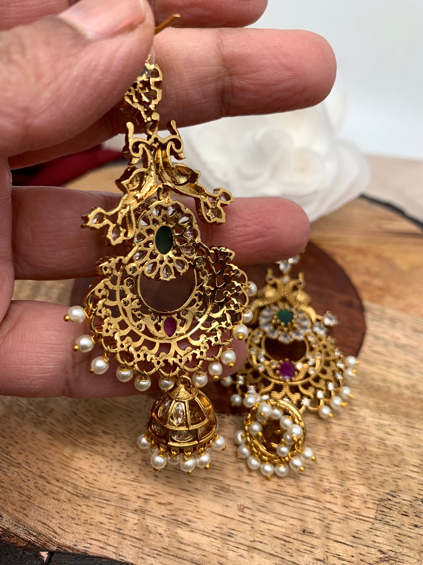 Red Green Stone CZ Peacock Chandbali Earrings