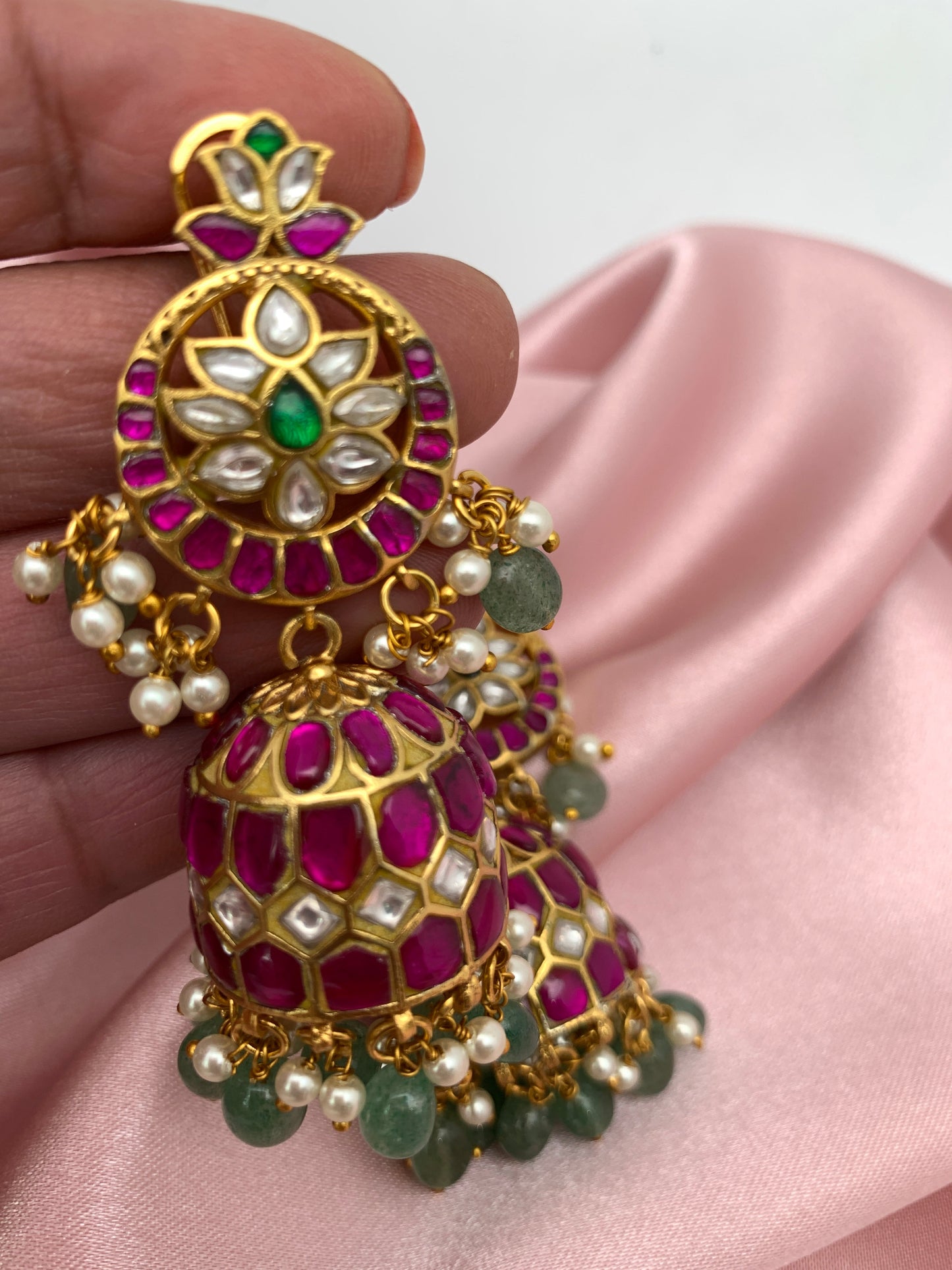 Red Jadau Kundan Emerald Beads Earrings