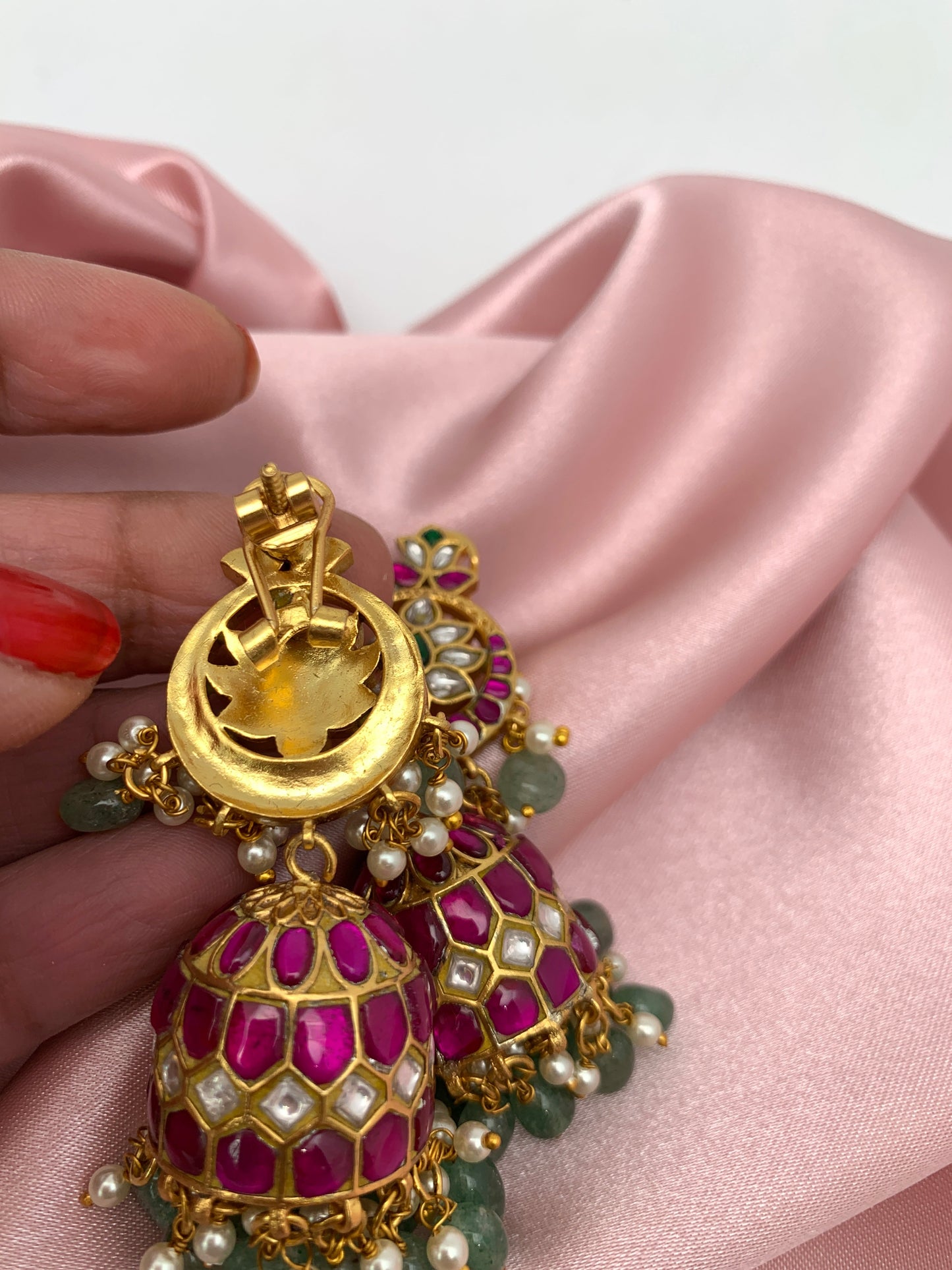 Red Jadau Kundan Emerald Beads Earrings
