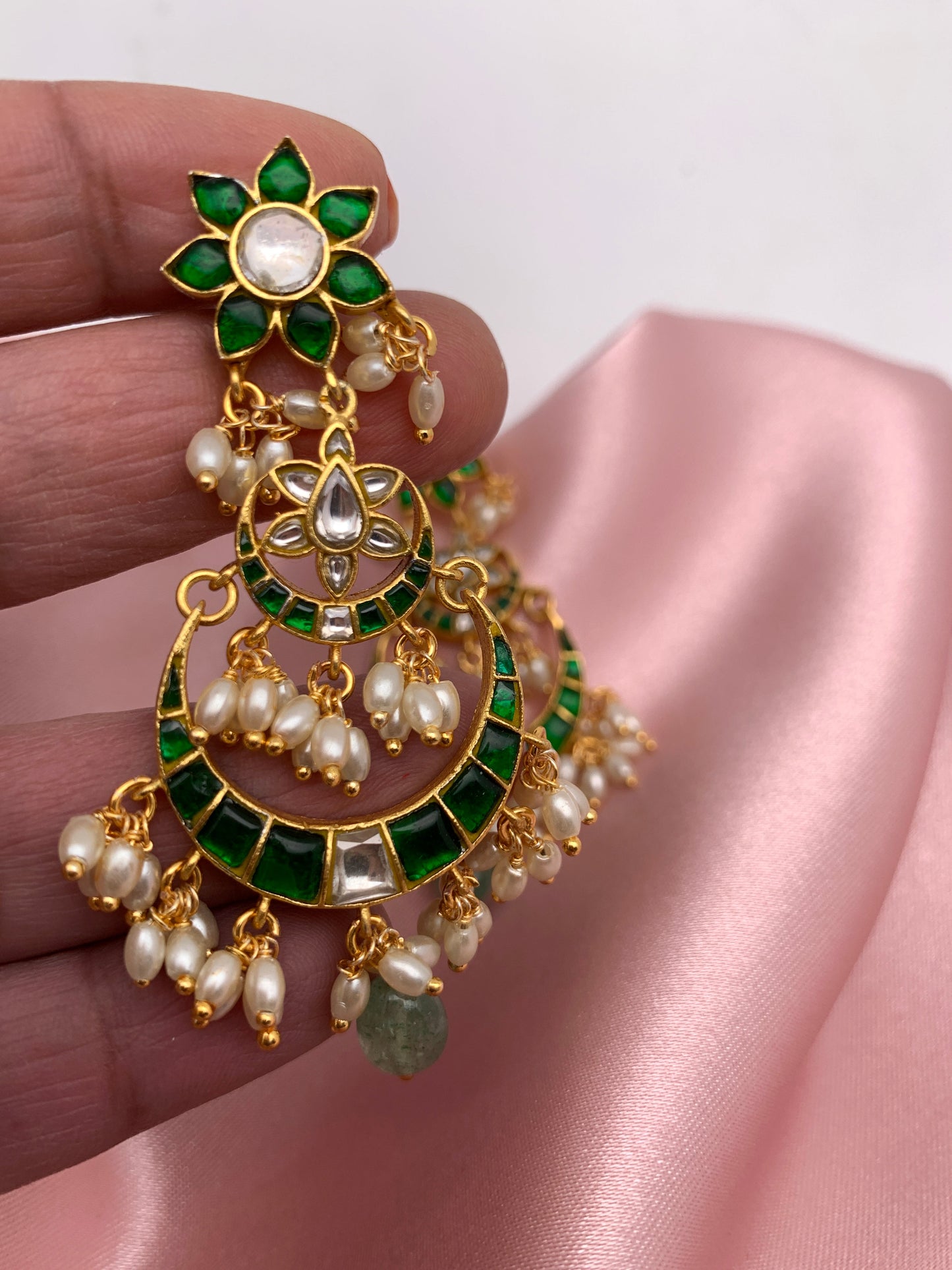 Green Jadau Kundan Emerald Beads Chandbali Earrings
