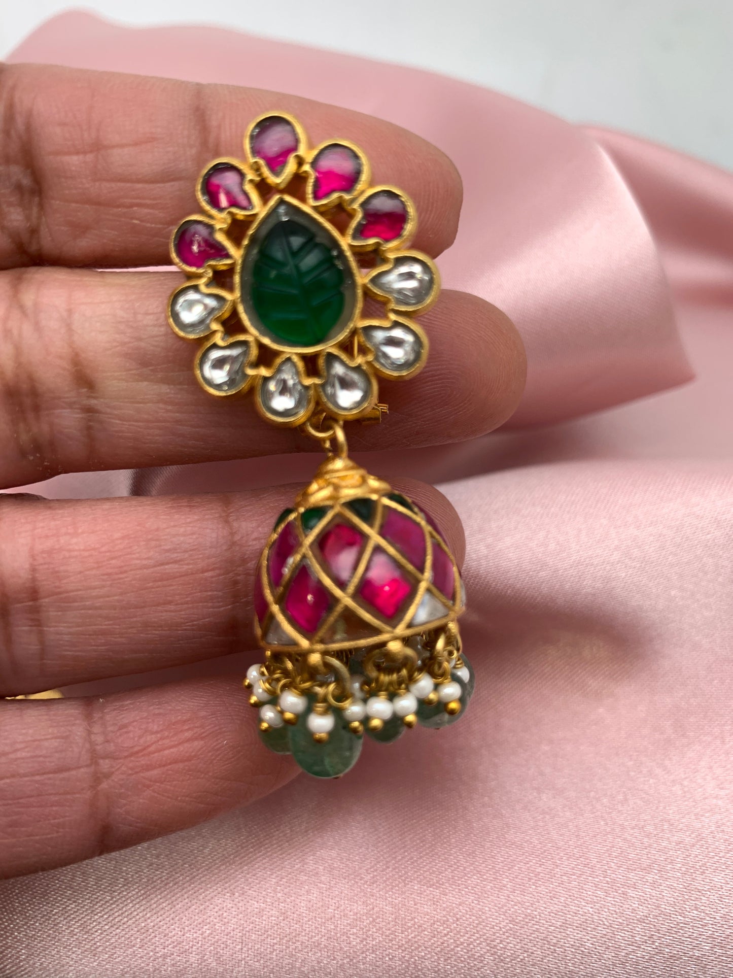 Red Green Jadau Kundan Emerald Beads Jhumki