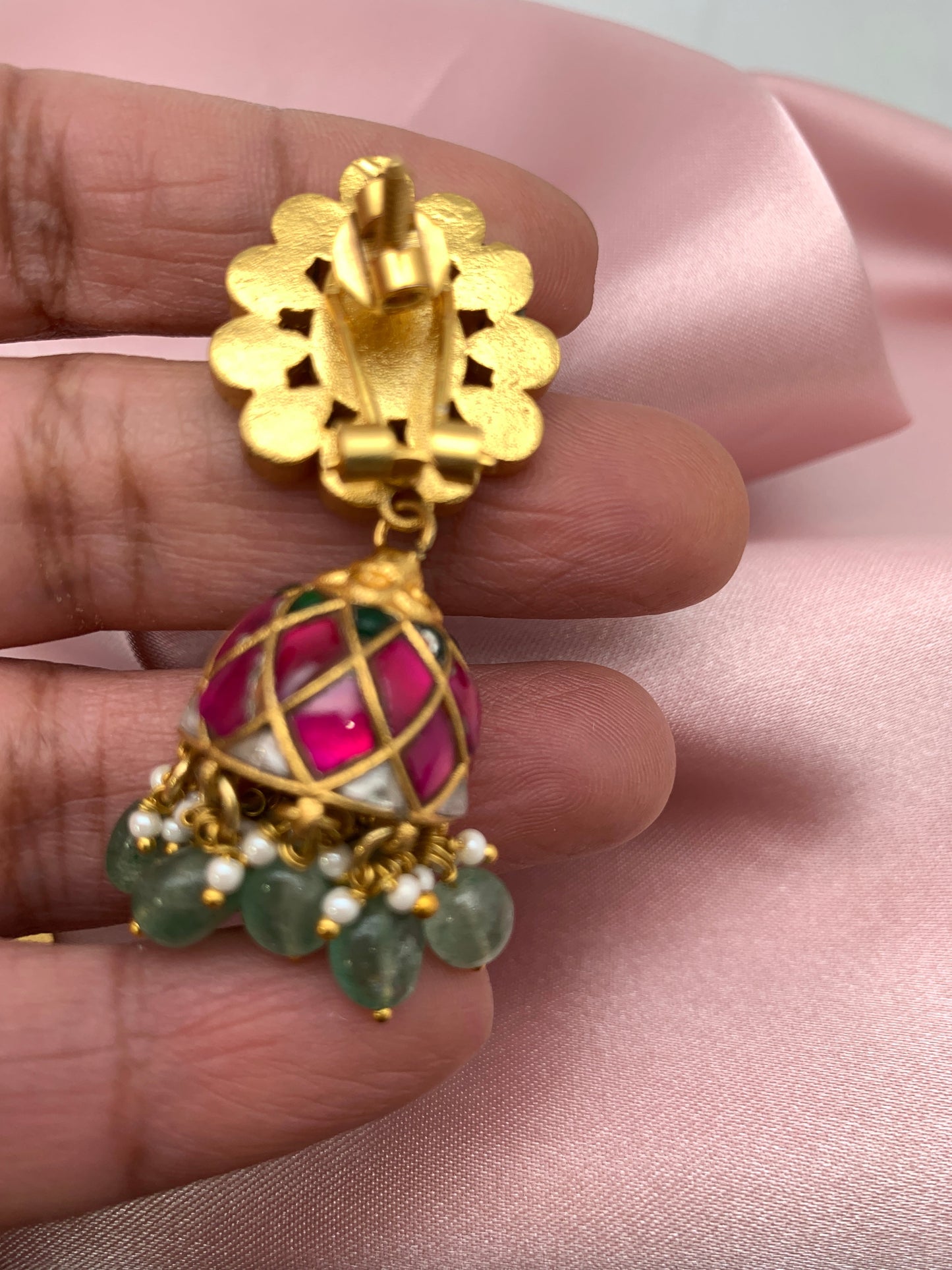 Red Green Jadau Kundan Emerald Beads Jhumki